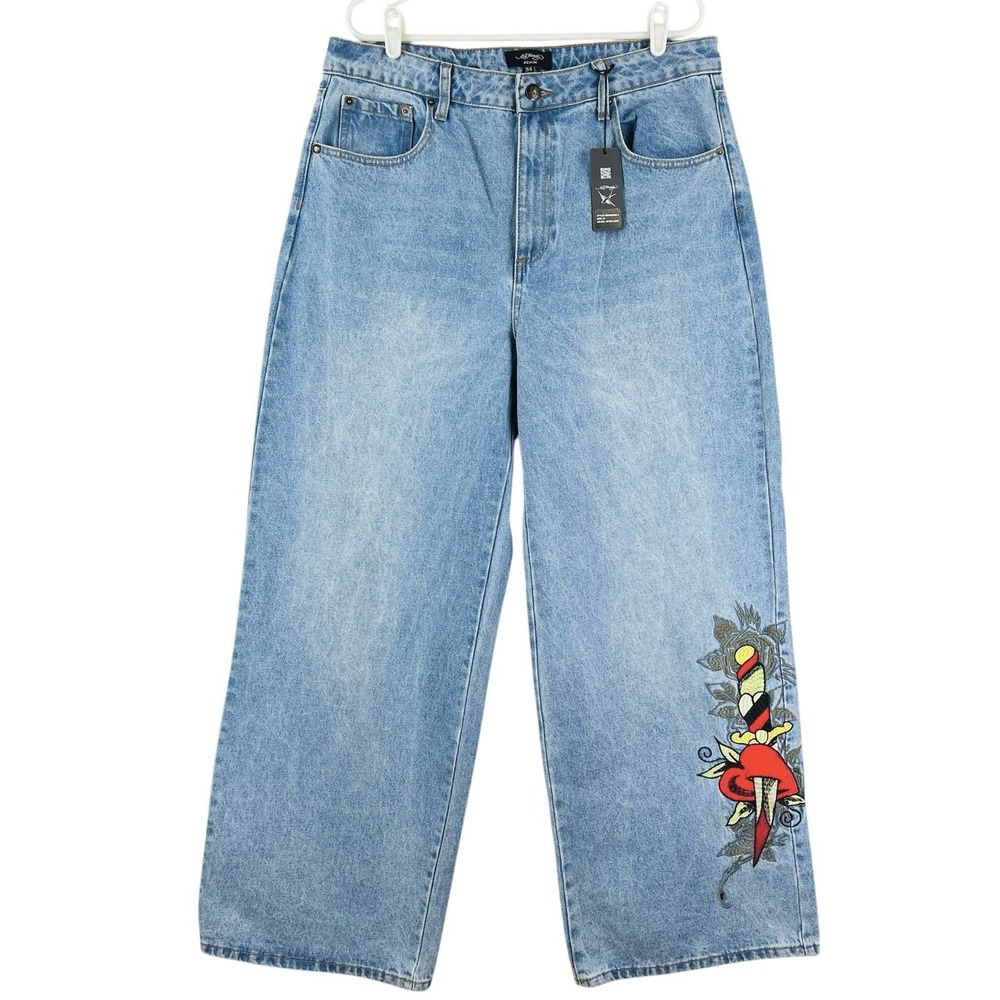 NWT Ed Hardy Women Loose Fit Wide Leg Blue Jean Sz 32 Embroidery Heart High-Rise